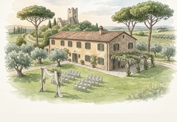 Illustrazione ad acquerello di una tenuta immersa nella campagna